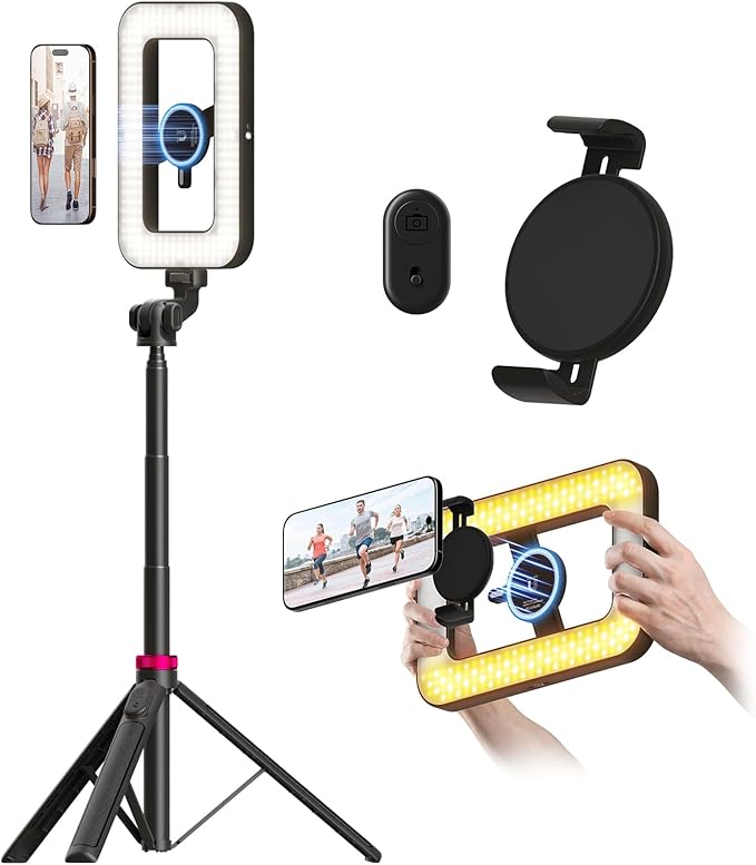 Magnetic Ring Light with Stand and Phone Clip, 6000mAh Phone Tripod with Light