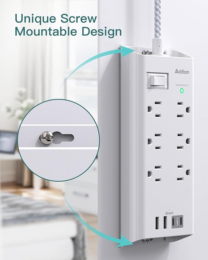 Surge Protector Power Bar, 5 FT Flat Plug Extension Cord Indoor, Power Strip with 6 Outlets Charger, 4 USB Ports(2 USB C), Desktop Charging Station for Home, Office, Dorm