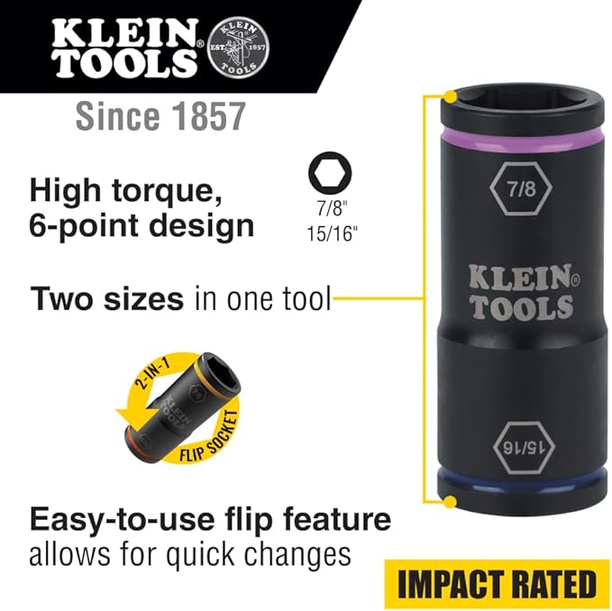Klein Tools 66073 Impact Driver Flip Socket, 15/16- and 7/8-Inch Sizes, Use with Klein Tools Compact Impact Wrenches BAT20CW, BAT20CW1