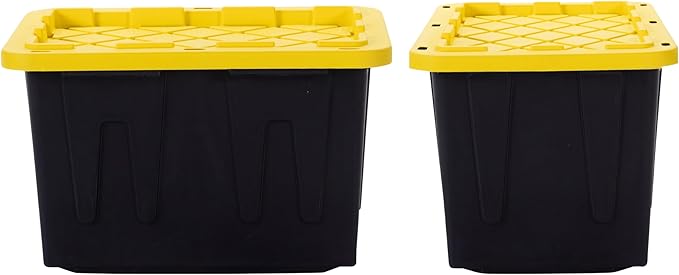 Plastic 23-Gallon Storage Tote with Lockable Lid, Stackable Tough Regular-Duty Bin for Garage, Tools, and Home Organization (2-Pack) - Black and Yellow