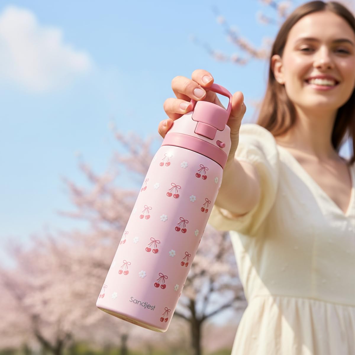 Skiennix Insulated Stainless Steel Water Bottle - 32oz Cherry Color with Straw for Sports & Travel
