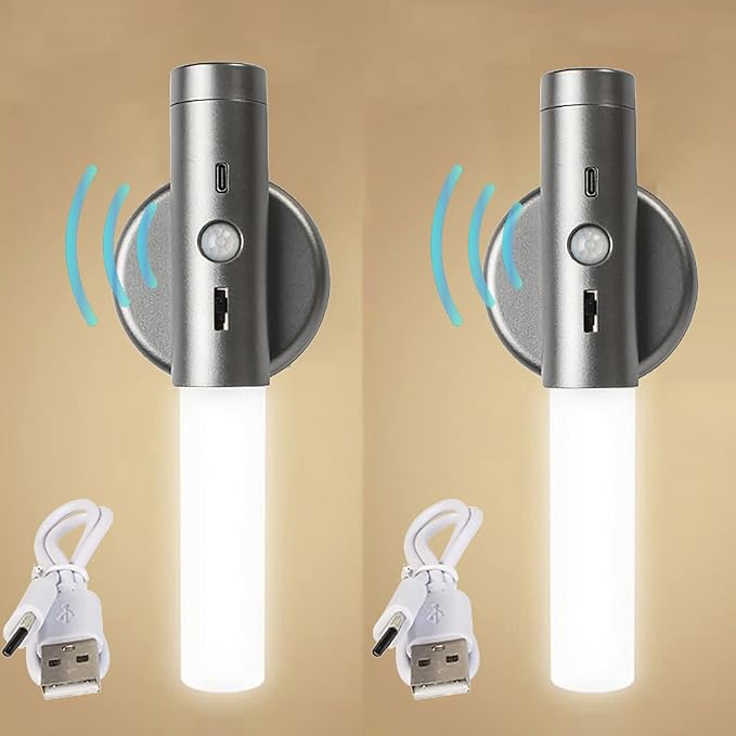 LED Battery Operated Wall Light with Motion Sensor Indoor Dimmable Wall Lampe Magnetic Lamp USB Rechargeable Wall Socnce Lighting Stick-On Night Lights for Entrance Hallway Staise (Grey,2 Packs) (