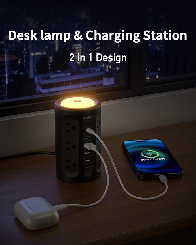 AnnTane Power Strip Tower with Night Light, Power Strip Surge Protector with USB Ports, Extension Cord 10 FT with Multiple Outlets (12AC+3A+2C) for Home Office Desk DormRoom (Black)