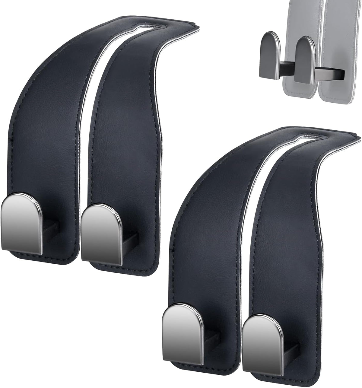 Car Hooks for Headrest, Leather Car Seat Back Storage Organizer Interior Accessories, More Wide & Deep Auto Seat Hook Hangers for Purse Umbrellas Handbag Clothes Coats Grocery Bags (Black-4 Pack)