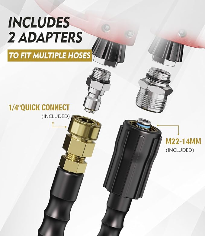 Pressure Washer Gun and Hose Kit, 4800PSI Flexible & Kink-Resistant - Steel Braided & Durable High Power Washer Hose 100 FT with 3/8" Swivel Quick Connector and M22 14mm Adapters & 5 Nozzles
