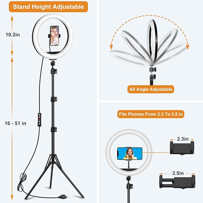 10.3" Selfie Ring Light with Stand and Phone Holder, 96 RGB Lighting Modes