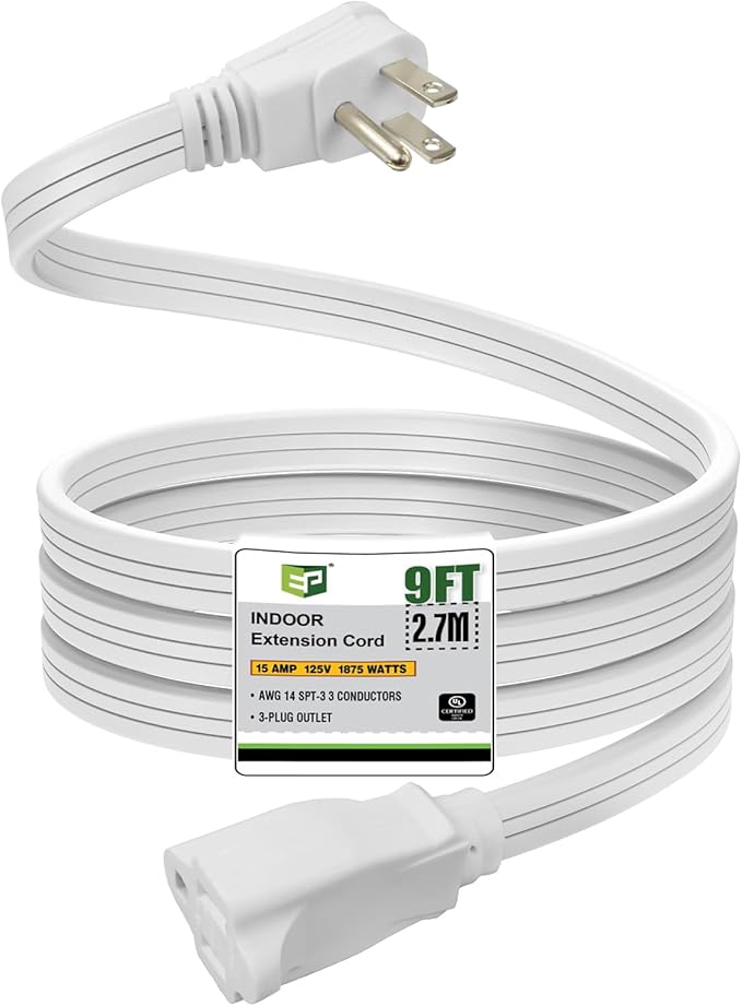 EP 9 Ft Heavy Duty Appliance Extension Cord - 14 Gauge 3 Prong SPT-3 Cable Wire, Ideal for Air Conditioners, Refrigerators, and Major Appliances - Indoor Use, White