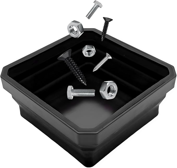 Collapsible Magnetic Parts Tray, 4.5" Square Silicone Tool Tray with Dual-Sided Magnetic Base, Foldable Small Metal Parts Organizer Storage Bowl for Screws Bolts Nuts Washers (Black)