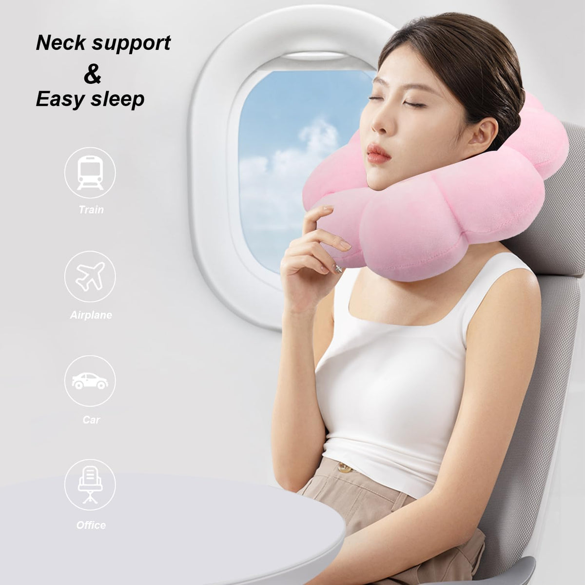 Sexysamba Flower Travel Neck Pillows for Airplanes Breathable Cotton U-Shaped Neck Pillow for Kids & Adults Head Neck Chin Support Rest Pillow for Traveling,Car,Train,Bus,Recline,Home,Office,Black