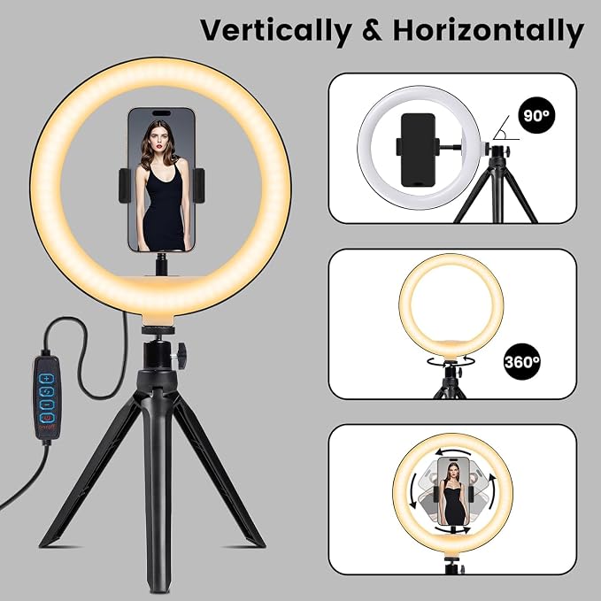 Selfie Ring Light 10" with Tripod Stand and Phone Holder, LED Ring Light