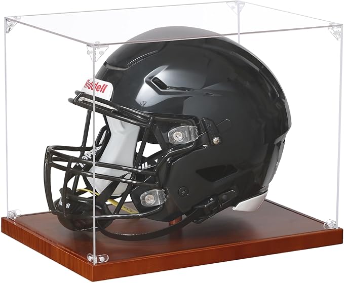 JupDec Football Helmet Display Case, Full Size Acrylic Baseball Motorcycle Helmet Showcase, UV Protection Souvenirs and Collectibles Box with Solid Wood Base & Riser, Ideal Gift for Sports Enthusiast