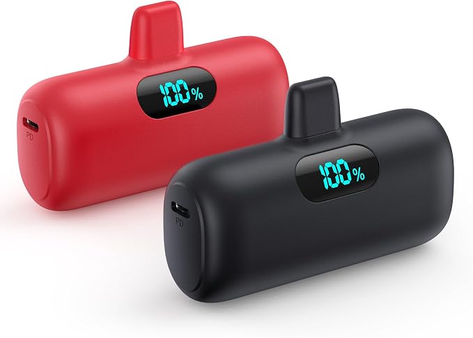 [2 Pack]Mini Portable Charger 5000mAh,Ultra-Compact 15W PD Fast Charging Power Bank,LCD Display Cute Battery Pack Backup Charger Compatible with iPhone 14/14 Pro Max/13 Pro/12/11/XR/8/7/6-Green+Purple