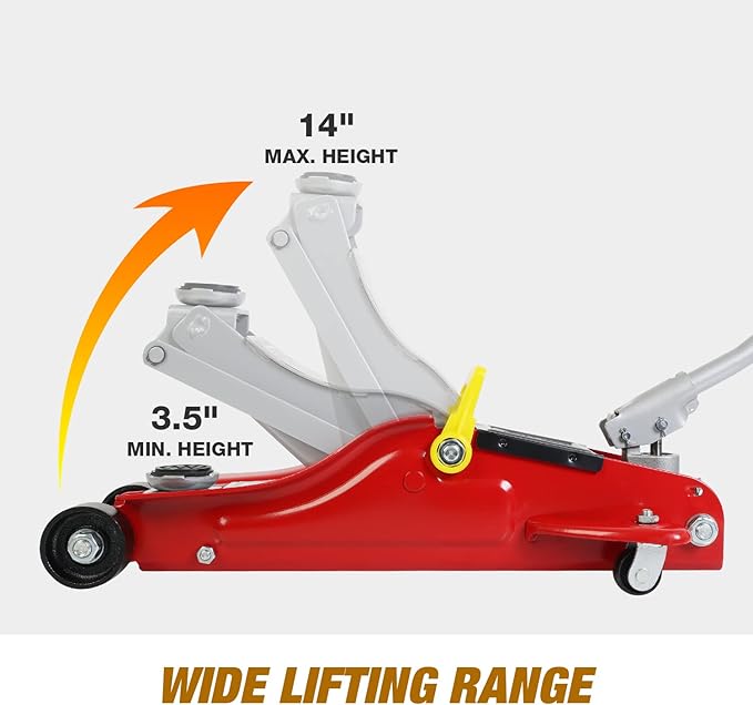 Jack Boss Floor Jack 2.5 Ton (5500 LBs) Hydraulic Low Profile Trolley Car Jack with Portable Storage Case, Lifting Range 3.5" to 14", Fit Use for Automotive Sedans, Red