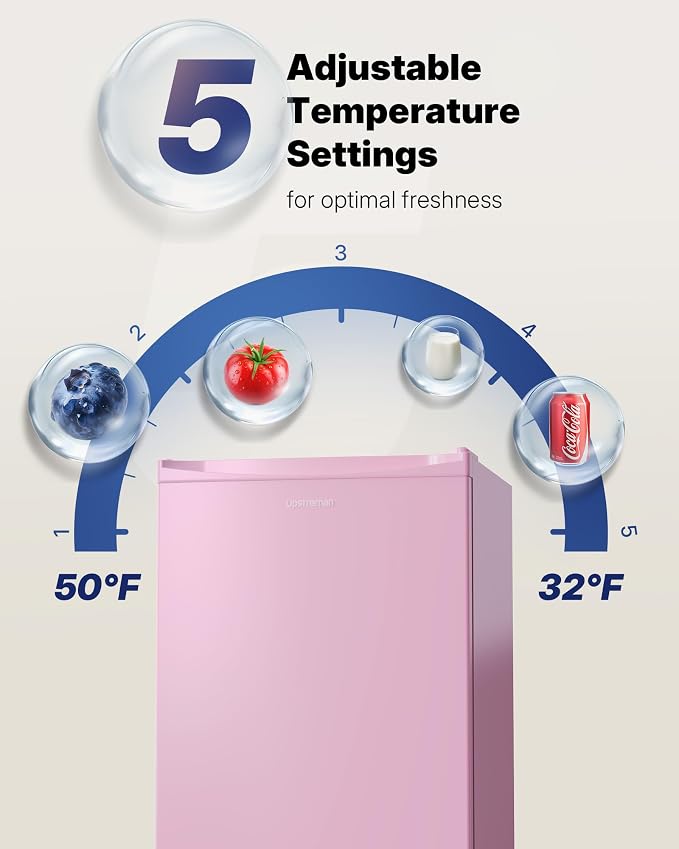 Upstreman 3.2 Cu.Ft Mini Fridge with Freezer, Pink-BR321 | Adjustable Thermostat, Energy Saving, Low Noise, Reversible Door, Small Refrigerator for Dorm, Bedroom, Office