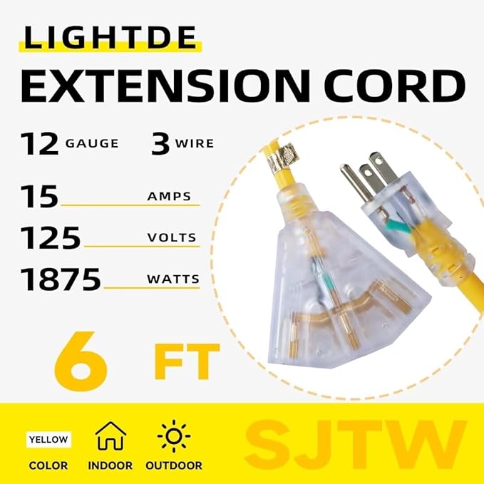 6 Ft Lighted Outdoor Extension Cord with 3 Electrical Power Outlets - 12/3 SJTW Heavy Duty Yellow Extension Cable with 3 Prong Grounded Plug for Safety, UL Listed