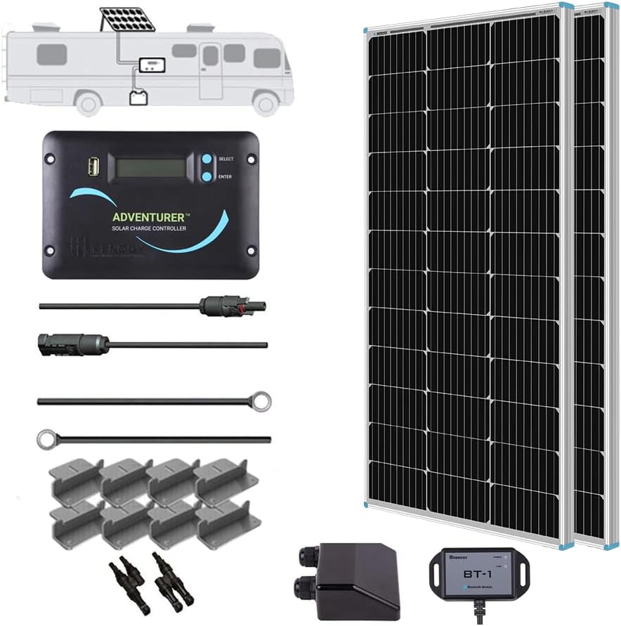 Renogy 200 Watts 12 Volts Monocrystalline RV Solar Panel Kit with Adventurer 30A LCD PWM Charge Controller and Mounting Brackets for RV, Boats, Trailer, Camper, Marine, Off-Grid Solar Power System