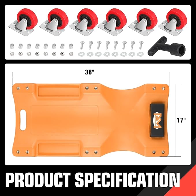 PM PERFORMOTOR 36" L X 17" W x 4.25" H Vehicle Repair Low Profile Automotive Creeper w/Padded Headrest, Orange, PM-TOL-CPC36-OG