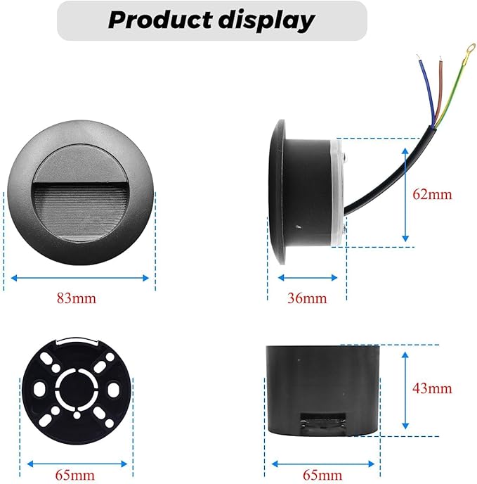 3W Recessed Wall Light, Round Stair Lights, Warm White Wall Light with Recessed Box, 230 V 65 mm Wall Lighting Aluminium Waterproof Staircase Recessed Step, Black (Pack of 4)