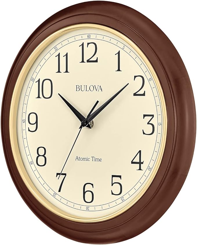 Bulova Atomic Time 2 Analog Wall Clock C5004 | 12.4" Wooden Frame, Sets Time