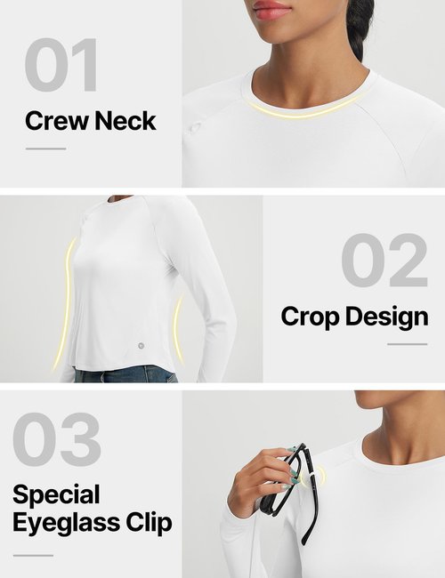 baleaf Women's UPF 50+ Long Sleeve Sun Shirts Crop Rash Guard UV Workout Tops SPF Slim Fit Lightweight Athletic Hiking White M