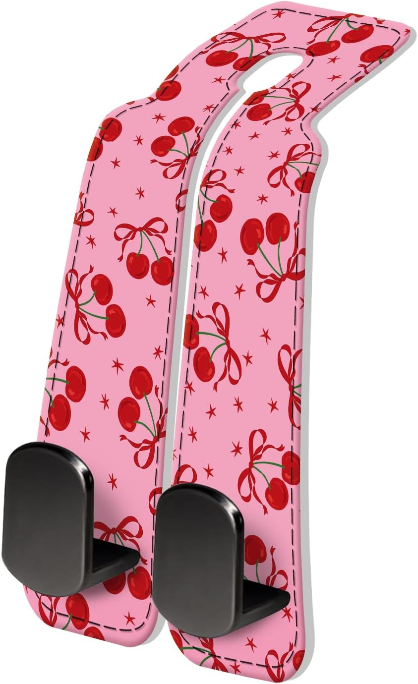 PU Leather Car Seat Hook, Storage Headrest Hanger, Cute Car Backseat Organizer, Car Hooks For Purses and Bags Pink Cherry Print