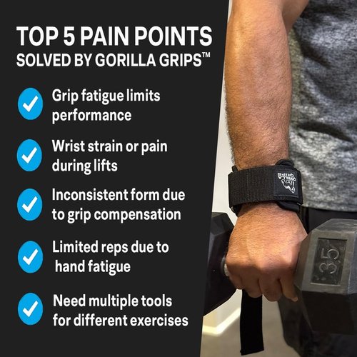 Gorilla Grips wrist wraps for weightlifting men with weight lifting hooks, wrist straps for men and women combining deadlift straps, pull up grips and modular attachments.