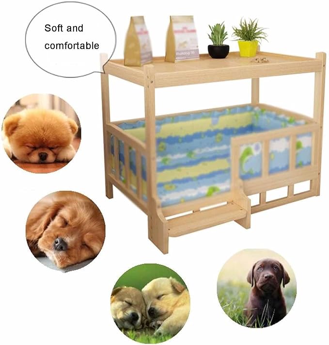 XPLKQXE Dog Bed Wood Platform, Elevated Pet Cushion Bed, Animal Couch with Mattress, Dog Beds & Furniture Rest Cot, Portable Fence Bed Pet Up to 45kg/100lbs(Color:Woody,Size:75x50x65cm)