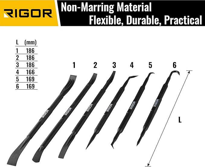 RIGOR 56001 Non-Marring Pick and Pry Bar Set, 6 PCS | Removal Lever Set | Replacing Gaskets, Oil Seals, O-Rings, Small Part