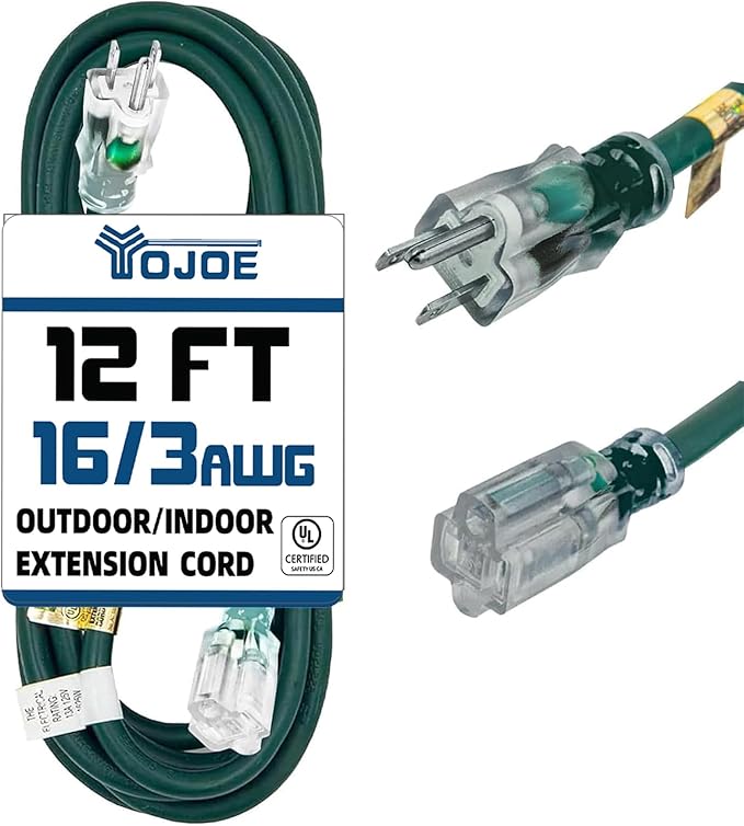 YOJOE Indoor Outdoor Extension Cord with Lighted End, 3 Prong 13A Weatherproof Power Cord, 16 Gauge Heavy Duty 12 ft Green Extension Cord for Garage, Garden and Home, 16/3 SJTW UL Listed
