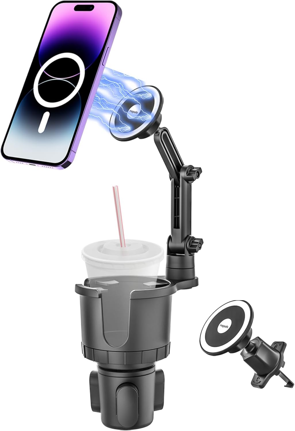 for Magsafe Car Mount Cup Holder - [Bottle Friendly] 2-Pack Magnetic Phone Holder for Car Cup Vent with Height Adjustable Arm, for iPhone Air 17 Pro Max 16 15 14 13 12 11, S25, 4.7 to 7" Smartphones