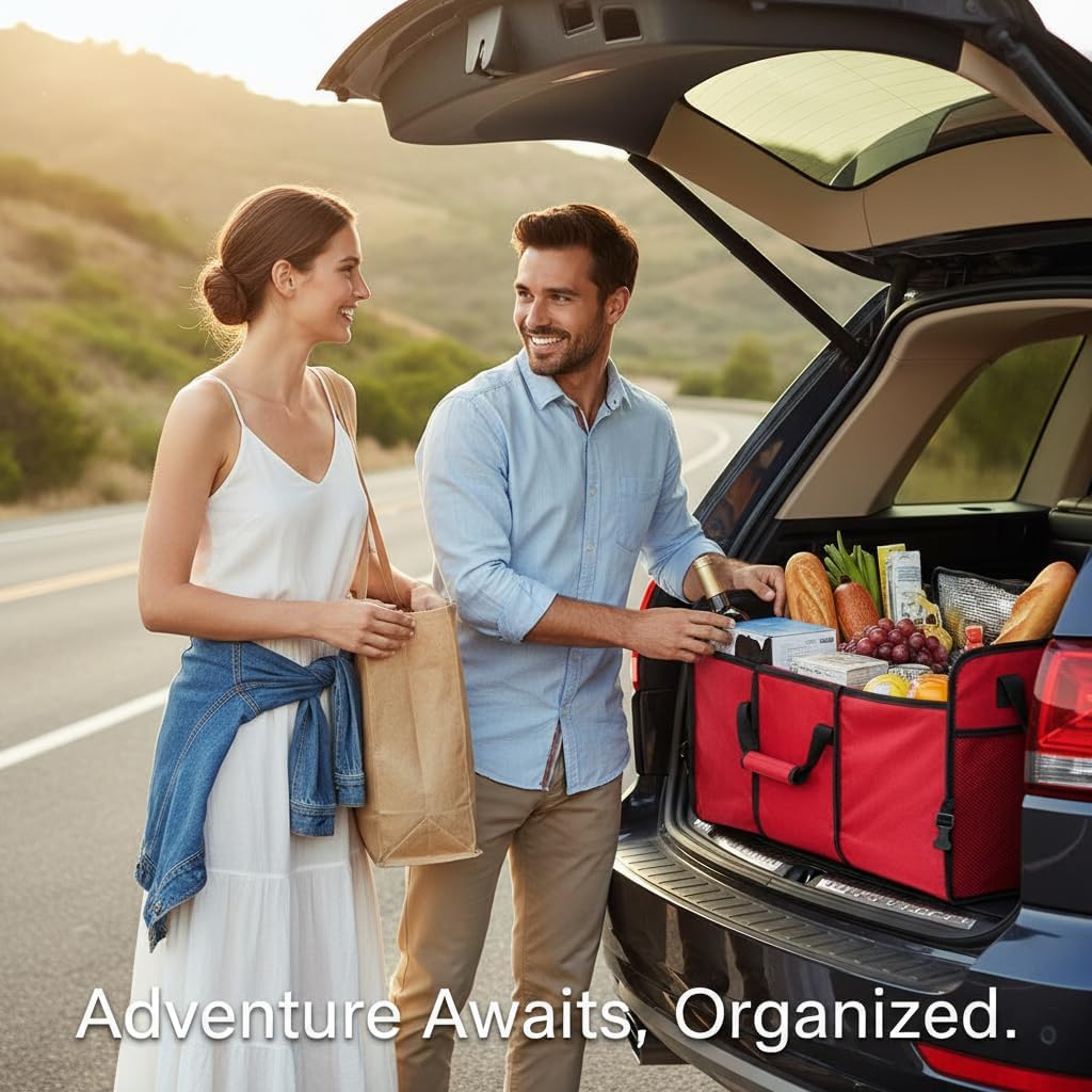 Vehicle Owners Red Collapsible Insulated Trunk Organizer 3-Compartment Car Cargo Storage Box Cooler for Groceries Camping & Road Trips All Season