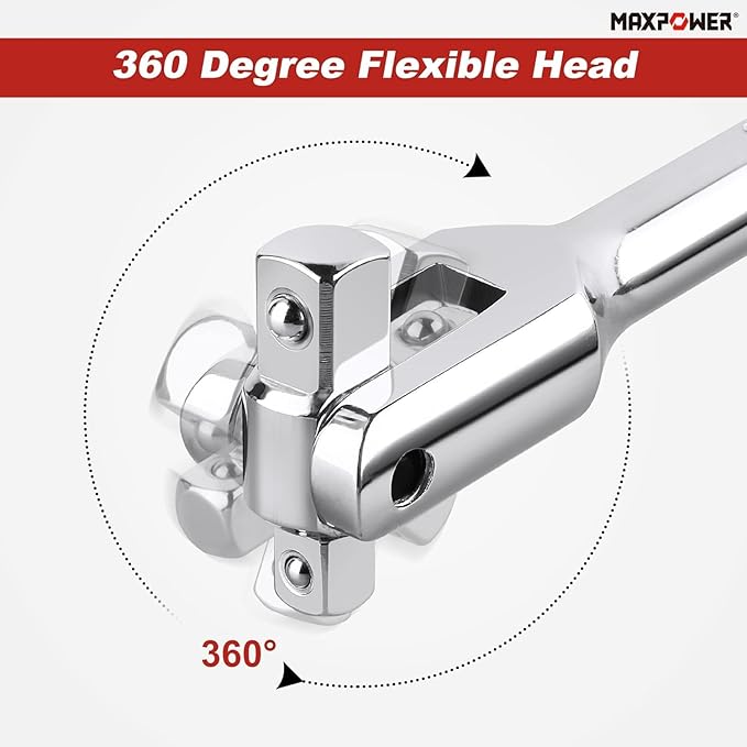 MAXPOWER Extendable Breaker Bar, Dual Head 1/2" & 3/8" Drive 360° Flex Head Cheater Bar, 5-Gear Extending Locking, Extendable Handle 13-3/8" to 18"