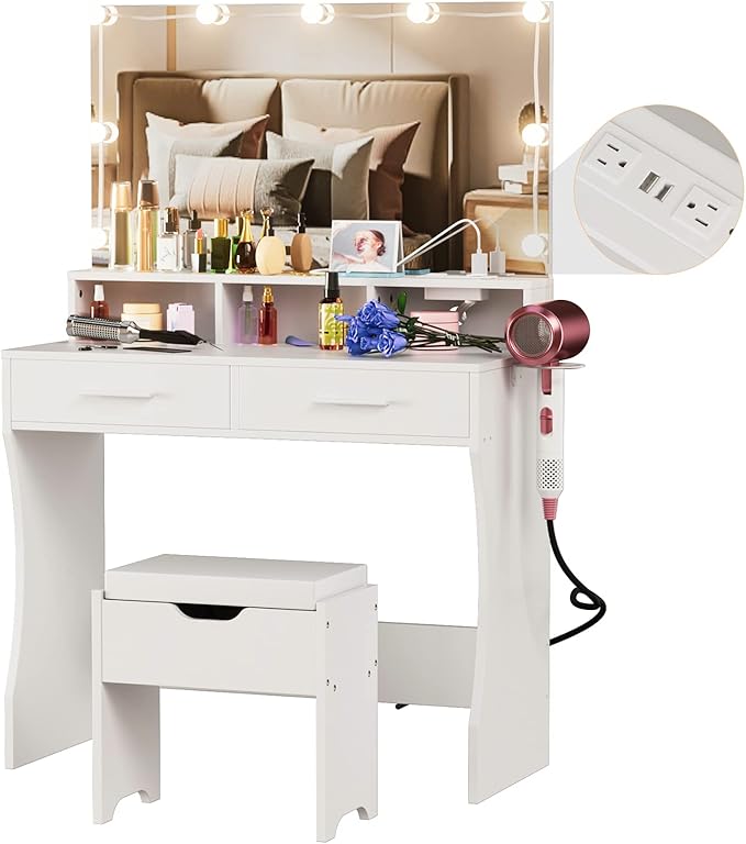 Makeup Vanity with Lighted Mirror & Power Outlet, Makeup Table Vanity Set with 3 Lighting Colors, Brightness Adjustable, White