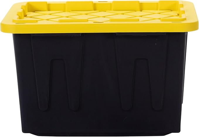 Plastic 23-Gallon Storage Tote with Lockable Lid, Stackable Tough Regular-Duty Bin for Garage, Tools, and Home Organization (2-Pack) - Black and Yellow