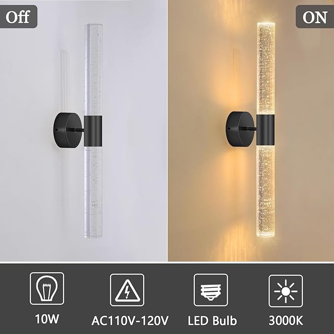 Black Wall Sconces Set of 2 LED Modern Sconces Dining Room Wall Lighting 10W 3000K LED Wall Lights Crystal Hardwired Wall Light Fixtures for Living Room Bedroom Bathroom Hallway