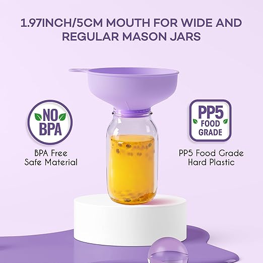 Pisol Wide Mouth Versatile Funnel, Canning Funnels for Kitchen Use, Food Grade Plastic Cooking Funnel Set with 4 Size Spouts and 2 Strainers for Filling Different Bottles and Bags, Purple