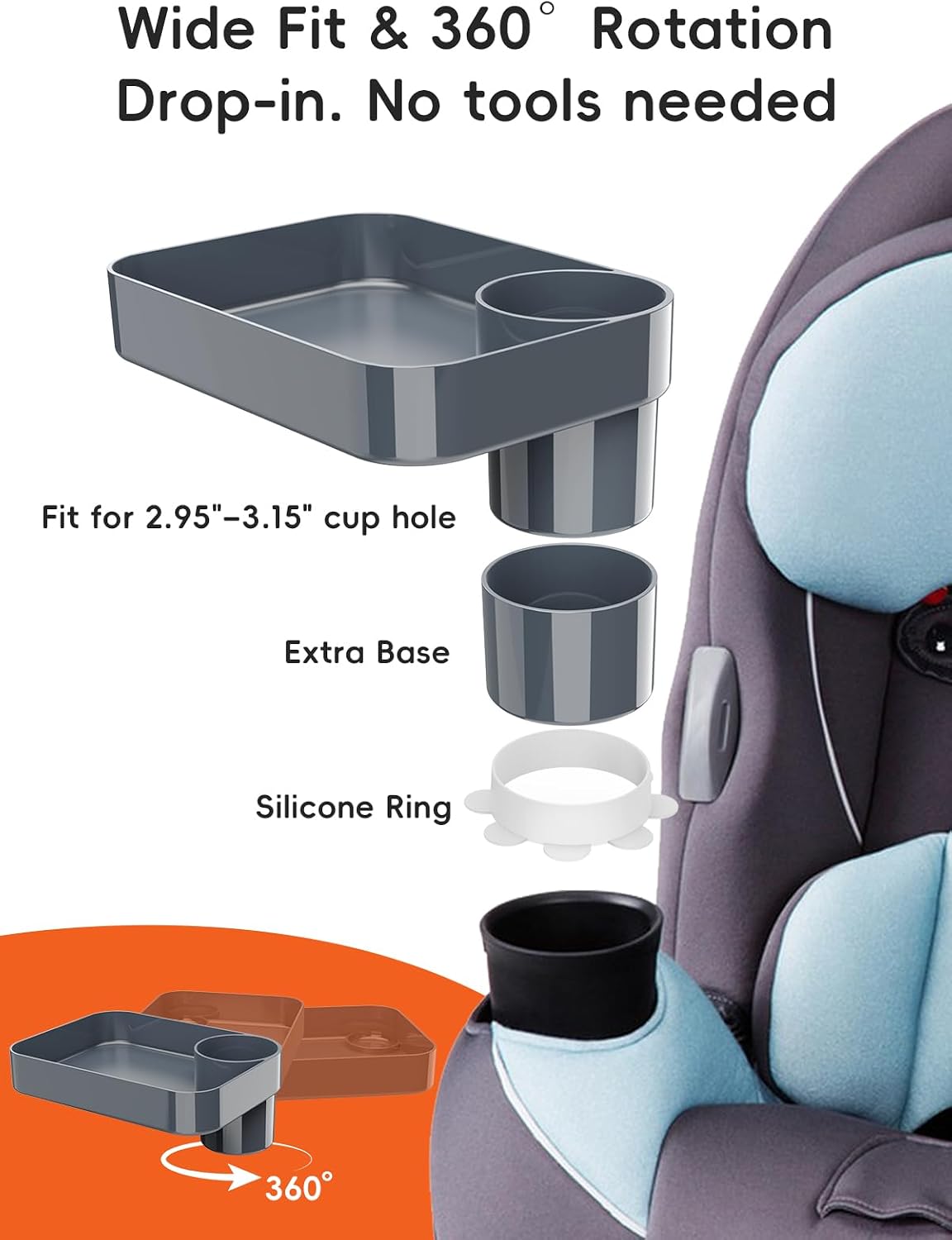 Car Seat Cup Holder Snack Tray for Kids, Reduces Mess, Detachable Large Base & Adjustable Ring, Carseat Tray for Toddler, Car Seat Food Tray Table for Kids Travel Road Trip Essentials-Dark Gray