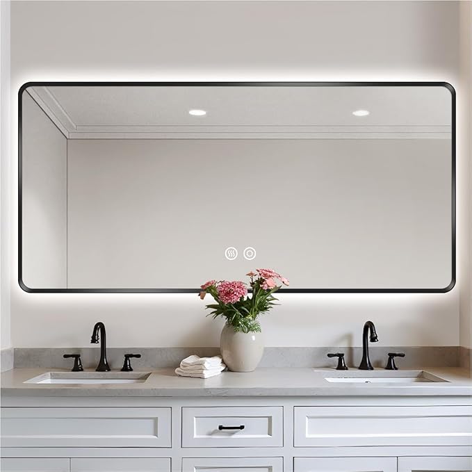 36x72 Black LED Mirror for Bathroom, Metal Framed Smart Mirror with Backlit, Anti-Fog, Stepless Dimmable & 3-Color Lights, UL-Listed LED Driver, Lighted Vanity Wall, Horizontal