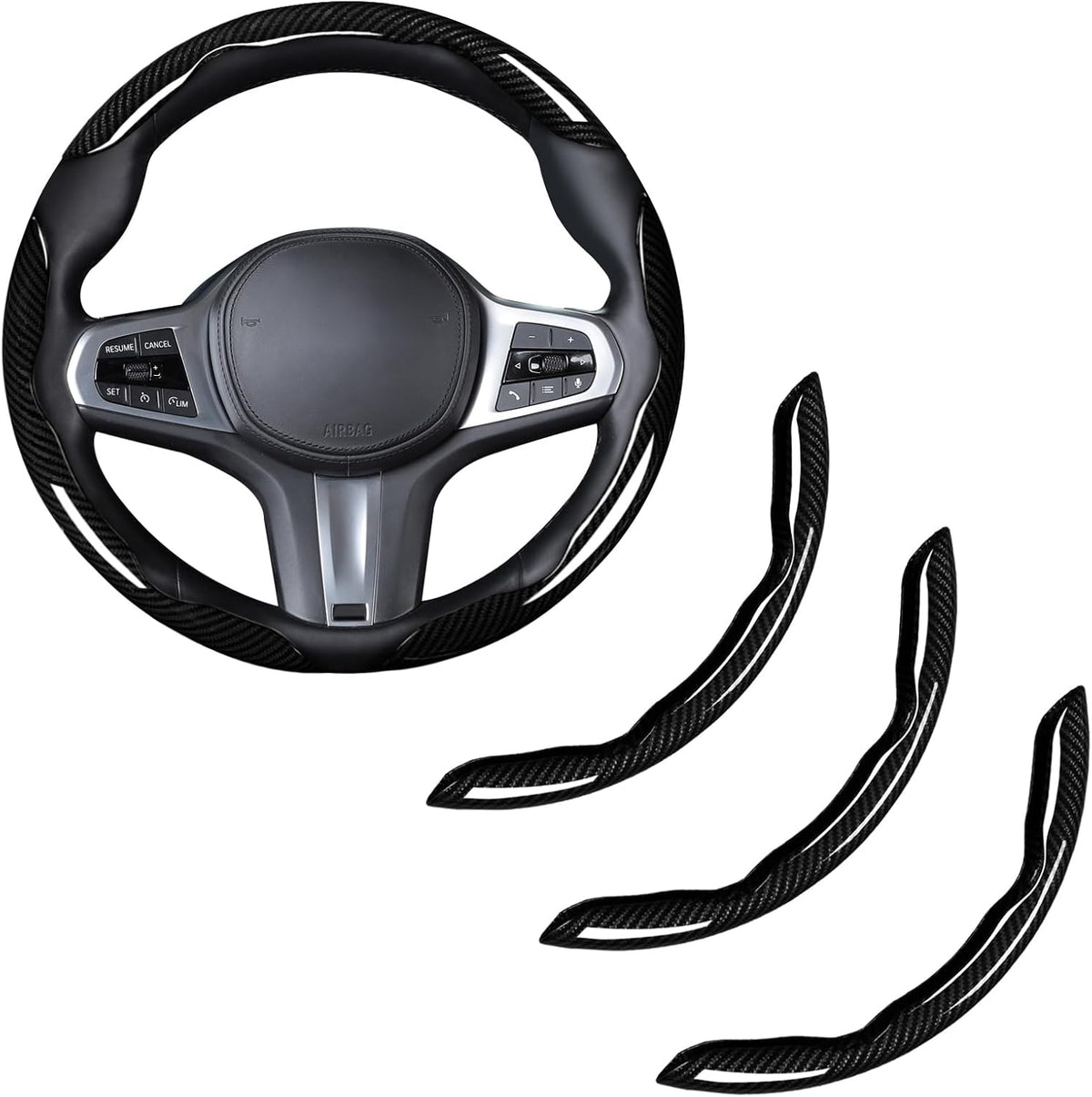 Carbon Fiber Steering Wheel Cover Universal 3pcs Protector Glossy Black