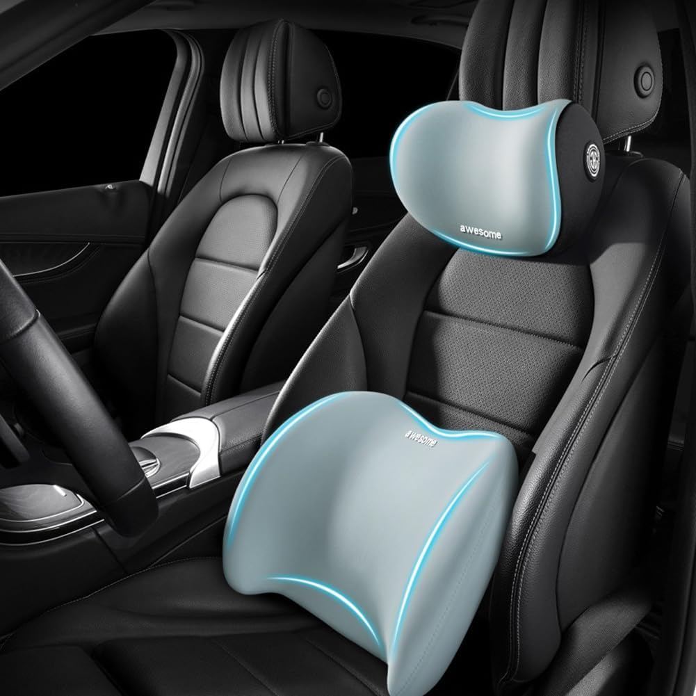 Car Headrest & Lumbar Support Cushion Kit, Ergonomic Car Seat Neck Pillow and Backseat Cushion for Driving Fatigue Relief, Driving Seat Memory Foam Neck Back Rest Pillows (Black)