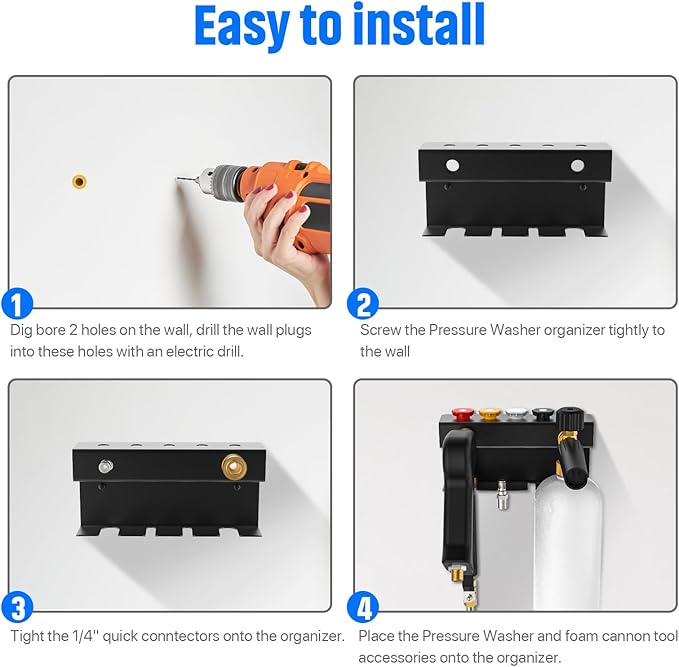 Pressure Washer Gun Holder, Power Washer&Snow Foam Cannon Quick Disconnect Tool Organizer, Pressure Washer Nozzle Tip&Wand Extension Storage Rack, Storage Wall Mount for 1/4" Quick Connector