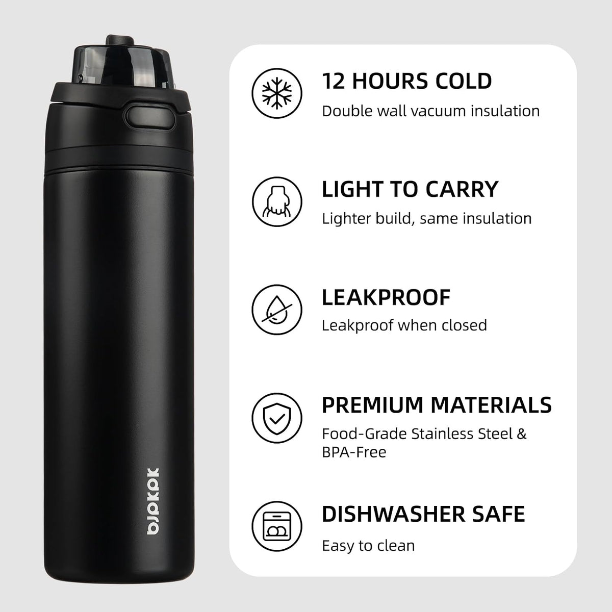 BJPKPK 25oz Insulated Water Bottle with 2-1 Straw Spout Lid, Stainless Steel Metal Water Bottles with Carry Handle, BPA Free, Leak-Proof, Fits in Car Cup Holder, Thermo for Sports,Black