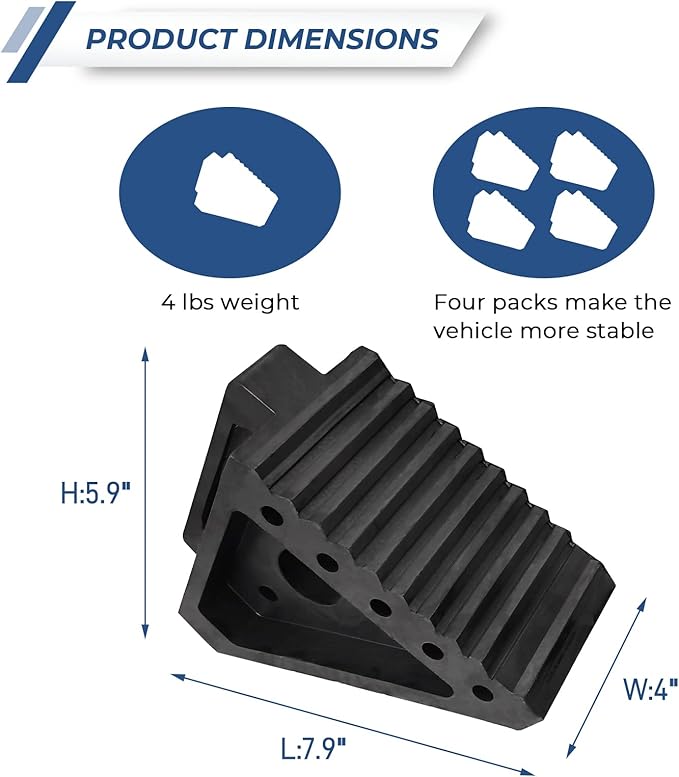 HOXWELL Solid Heavy Duty Rubber Wheel Chocks 4 Packs, Premium Wheel Stopper for Car, Travel Trailers, RV, Truck, and ATV(4 pcs, Black) 8" x 4" x 6"