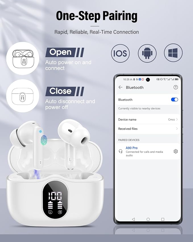 Wireless Earbuds, Bluetooth 5.4 Headphones Bass Stereo/Clear Calls, White | Ear Buds with Noise Cancelling Mic LED Display in Ear Earphones IP7 Waterproof 36H Bluetooth Earbuds for Phones/Sport/Laptop
