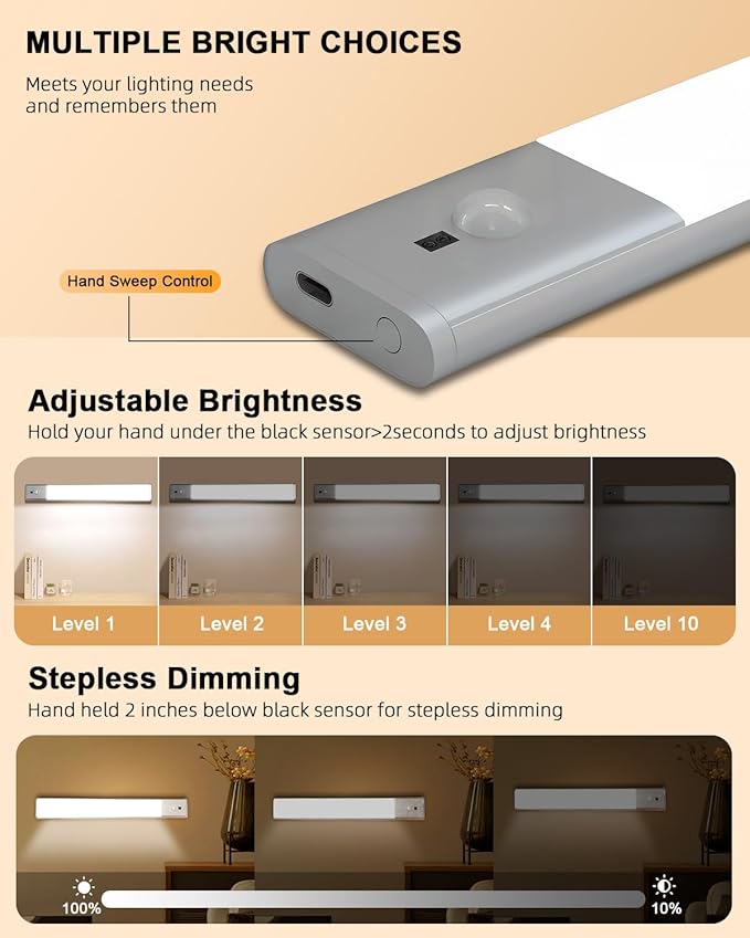Under Cabinet Lighting,Rechargeable Motion Sensor Light Indoor with Hand Wave Sensor, 3 Color Temps,2Pack Magnetic Dimmable Closet Lights,Wireless Under Counter Lights for Kitchen, Stairs,Hallway