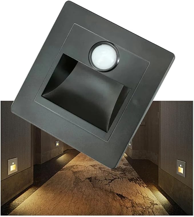 3W Motion Sensor Stair Lights 3000K Recessed LED Step Light Indoor Stair Step Wall Lamp Staircase Bedroom Decoration 1Pcs Black