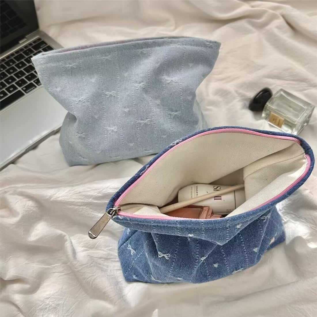 SxoSyo Denim Makeup Bags for Women, Canvas Cosmetic Pouch Large Purse, Blue