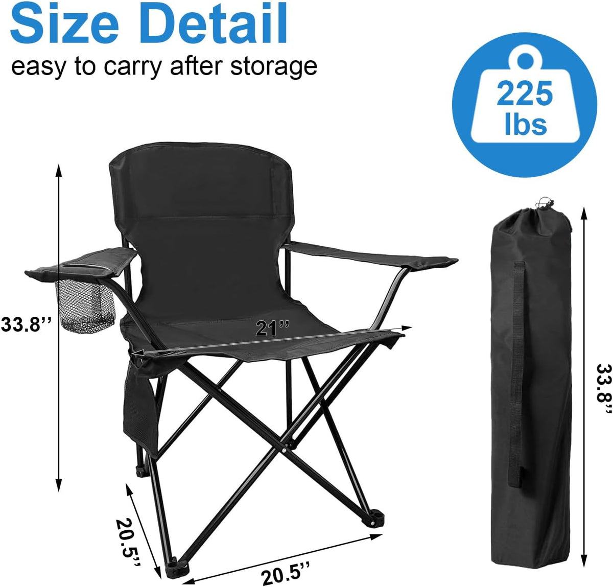 Skiennix Folding Camping Chair - Portable High Back Outdoor Chair with Cup Holder & Storage Bag | Supports 300lbs, Black