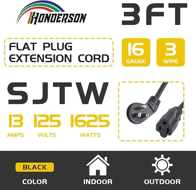 Flat Plug Indoor Extension Cord, UL Certified, 16 Gauge 3FT Black 3 Prong Heavy Duty, 16/3 SJTW 13A Power Cord for Lights, Appliances, Home