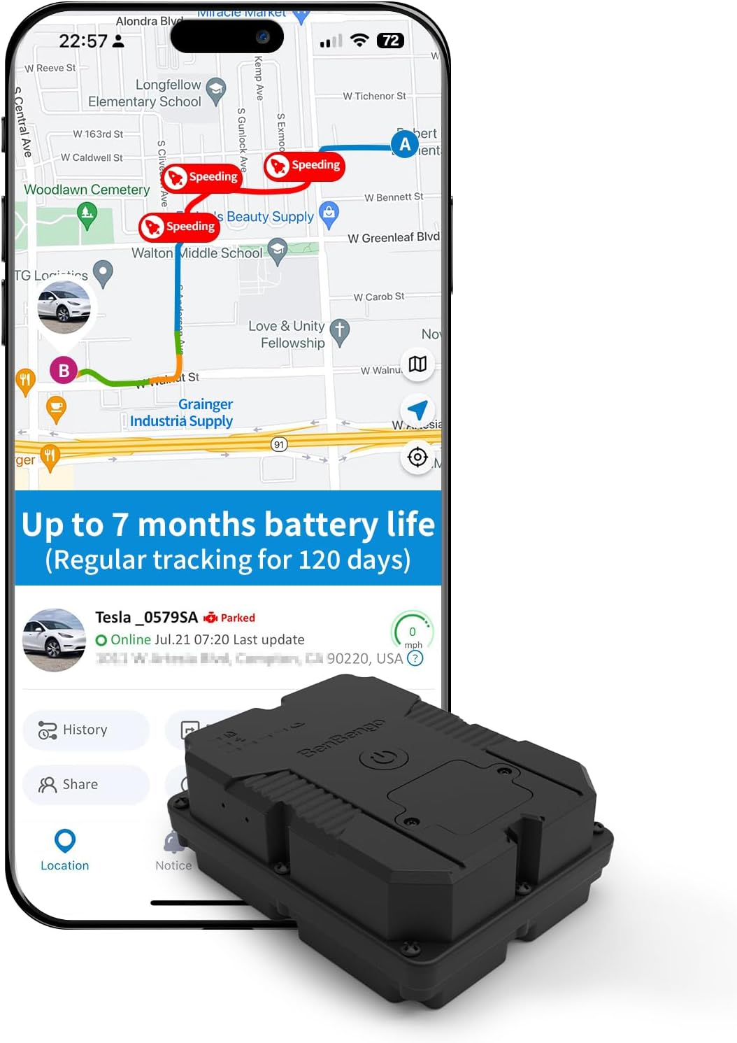 Magnetic GPS Tracker for Vehicles, Hidden Tracker Device for Car, Trailer, Up to 7 Months Battery Life, Real-Time Track, Waterproof, 5-Day Free Trial, Subscription Required